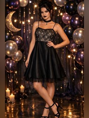 Whimsigoth Midi Jump Black Prom Dress Lace Cocktail spaghetti strap VTG